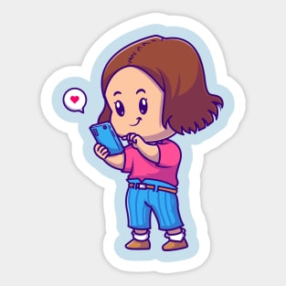 Cute Girl Playing SmartPhone Cartoon Sticker
